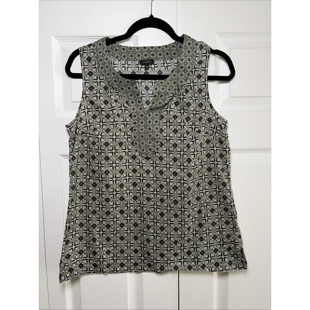 Talbots Medallion Print Sleeveless Top Womens Size S Olive Green Cotton Blouse